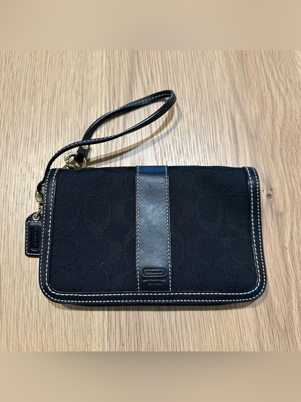 Coach Black Signature Jacquard Wristlet with Leather Trim